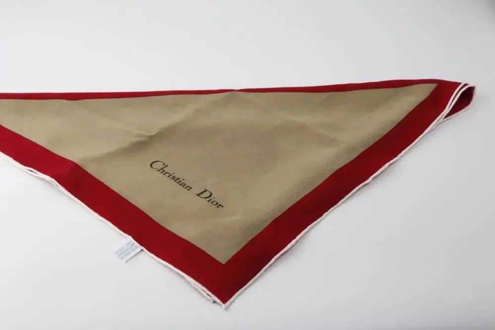 Vintage Christian Dior Silk Square Scarf Beige Tan Red Border White Stripe Logo